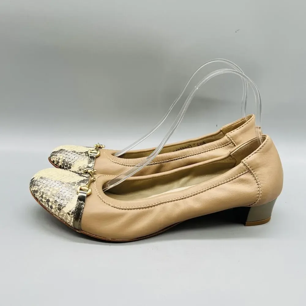 AGL Shoes Womens 10.5 Beige Leather Snake Cap Toe Gold Bit Flats Slip On Casual